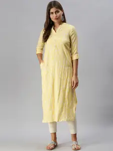 Soch Women Yellow & White Woven Design Mirror Work Band Collar Roll-Up Sleeves Kurta