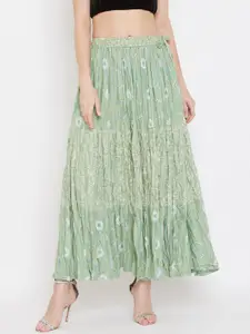 Clora Creation Women Green & White Printed Flared Maxi Skirt
