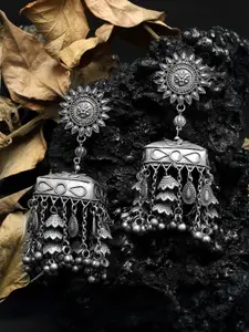 Moedbuille Tasselled Floral Design Oxidised Silver Plated Handcrafted Tribal Jhumkas