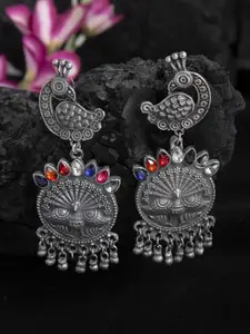 Moedbuille Stone Studded Peacock Design Oxidised Silver Plated Handcrafted Tribal Chandbalis