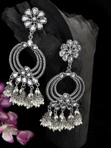 Moedbuille Pearls and Stones Studded Tribal Design Oxidised Silver Plated Handcrafted Jhumkas