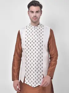 DEYANN Men Off-White & Brown Printed Woven Nehru Jacket