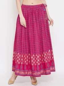 Clora Creation Women Magenta Pink & Gold-Coloured Printed Flared Maxi Skirt