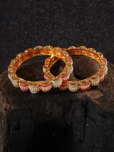 Shoshaa Set Of 2 Gold-Plated Red & Sea Green Beaded Handcrafted Bangles