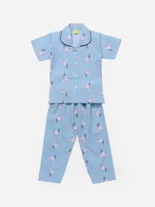 The Magic Wand Girls Blue & Off-White Printed Night suit