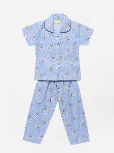 The Magic Wand Girls Blue & White Printed Night Suit