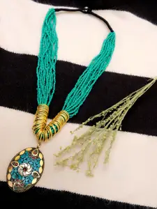 Crunchy Fashion Gold-Toned & Sea Green Alloy Gold-Plated Layered Necklace