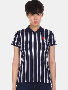 U.S. Polo Assn. Women Blue Striped Round Neck T-shirt