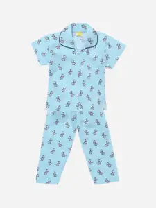 The Magic Wand Girls Turquoise Blue & Black Printed Night suit
