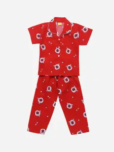 The Magic Wand Girls Red & White Printed Night suit
