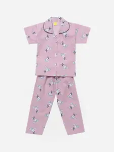 The Magic Wand Girls Pink & Blue Printed Night suit