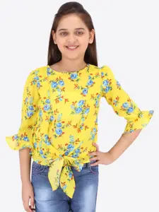 CUTECUMBER Yellow Floral Printed Bell Sleeves Georgette Regular Top