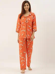 Bannos Swagger Women Orange & White Printed Night Suit