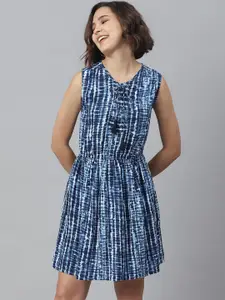 StyleStone Women Navy Blue & White Dyed Fit and Flare Dress