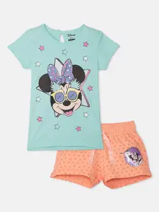 Kids Ville Girls Teal & Peach-Coloured Mickey Mouse Printed T-shirt with Shorts