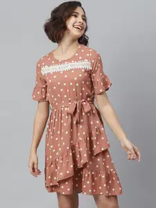StyleStone Women Brown & White Polka Dot Printed A-Line Dress