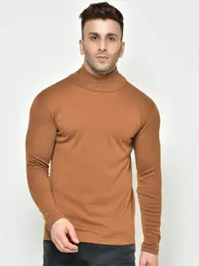 Chkokko Men Brown Solid Turtle Neck T-shirt