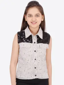 CUTECUMBER Cream-Coloured & Black Printed Georgette Shirt Style Top