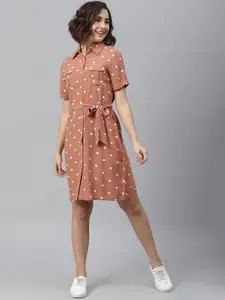 StyleStone Women Brown Polka Dots Printed Shirt Dress