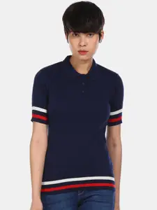 U.S. Polo Assn. Women Blue Solid Polo Collar T-shirt