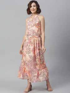 StyleStone Women Peach-Coloured Printed Fit and Flare Dress