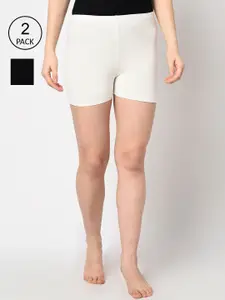 Espresso Women Pack of 2 Black & Off- White Solid Slim Fit Shorts For Under Dresses