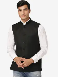 Wintage Men Black Solid Satin Nehru Jacket