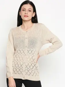 RANGMANCH BY PANTALOONS Women Beige Self Design Cardigan Sweater