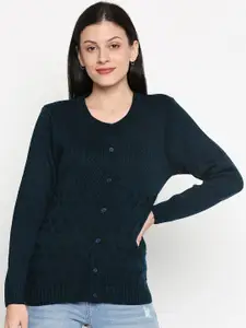 RANGMANCH BY PANTALOONS Women Navy Blue Self Design Cardigan Sweater