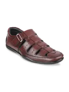 Mochi Men Maroon & Black Leather Fisherman Sandals