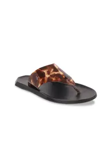 Mochi Men Brown & Black Leather Comfort slip on Sandals