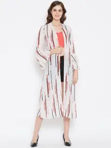 Zastraa Women Cream-Coloured & Pink Printed Open Front Shrug