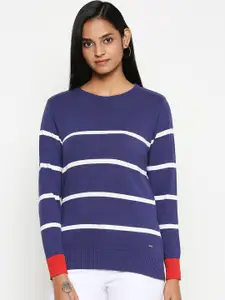 People Women Navy Blue Striped Pullover Sweater
