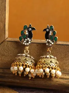 ANIKAS CREATION Green & Gold-Plated Antique Peacock Shaped Jhumkas