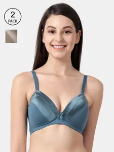 shyaway Teal & Brown Pack of 2 Non-Wired Lightly Padded Everyday Bra taab-c2b-235-32B