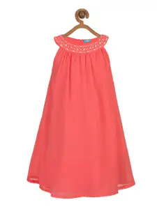 Miyo Girls Coral-Coloured Embroidered A-Line Dress