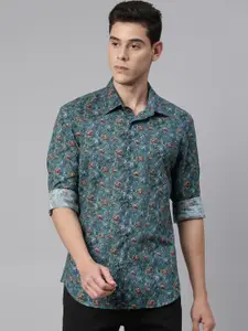 RARE RABBIT Men Green & Brown Regular Fit Floral Printed Cotton Casual Shirt