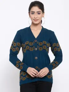 Kalt Women Blue Self Design Cardigan Sweater