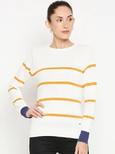 People Women White & Yellow Striped Pullover Sweater