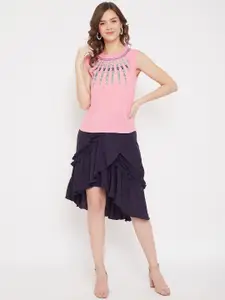 Bitterlime Women Pink & Navy Blue Embroidered Top with Skirt