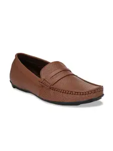 Hirels Men Brown Perforated Leather Driving Shoes