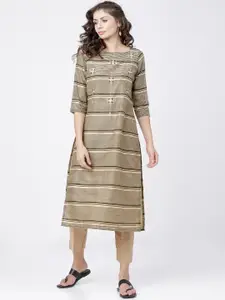Vishudh Women Beige Striped Thread Work Kurta