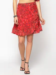 Sera Women Red & Grey Floral Printed Flared Ruffled Wrap Mini Skirt