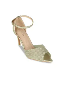SHUZ TOUCH Women Gold-Toned Woven Design Peep Toes Heels