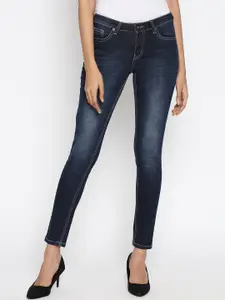 People Women Navy Blue Tapered Fit Mid-Rise Cotton Clean Look Jeans
