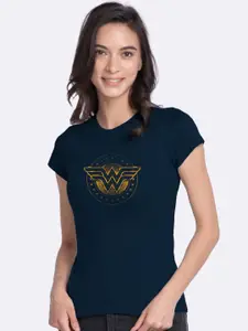 Bewakoof Women Navy Blue Wonder Woman Printed Round Neck Cotton Slim Fit T-shirt