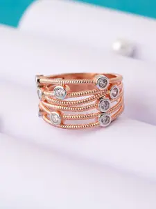 Voylla Rose Gold-Plated Silver-Coloured Cubic Zirconia Studded Band Ring