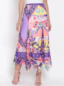 Oxolloxo Women Purple & Peach-Colored Abstract Printed A-Line Maxi Skirt