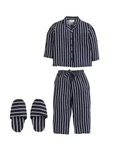 PICCOLO Girls Navy Blue & White Striped Night Suit with Room Slipper