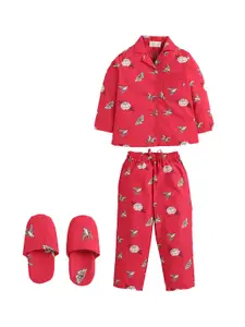 PICCOLO Girls Red Printed Pure Cotton Night Suit